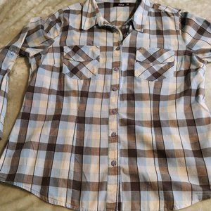 a.n.a Women's Long Tab Sleeve Cotton Button Down - Blue Gray Plaid - Size XL